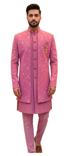 Pink Embroidered Art Silk Indo-Western Sherwani - Design: Hand Embroidery