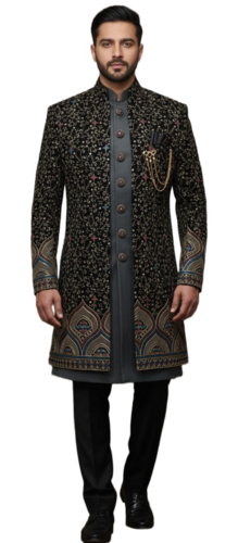 Black Embroidered Indo-Western Sherwani Set - Chest Size: 36