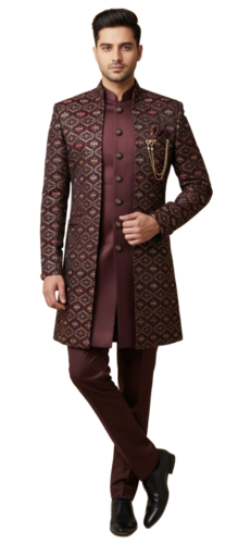 Regal Maroon Embroidered Indo-Western Sherwani Set - Design: Hend Work