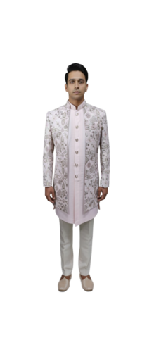 Elegant Light Pink Embroidered Indo-Western Sherwani - Gender: Male