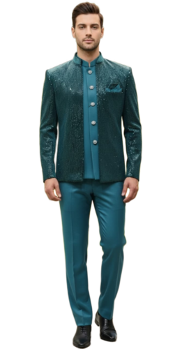 Teal Sequin Jodhpuri Suit - Gender: Male
