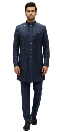 Midnight Blue Sequin Indo Western Sherwani - Fabric Type: Silk