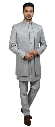 Silver Royale Textured Indo-Western Suit - Gender: Male