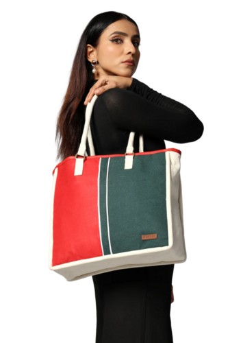 ENSAC Cotton Canvas Red Green Tote Bag for Women and Girls