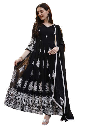 Embroidered Georgette Stitched Anarkali Gown With Dupatta