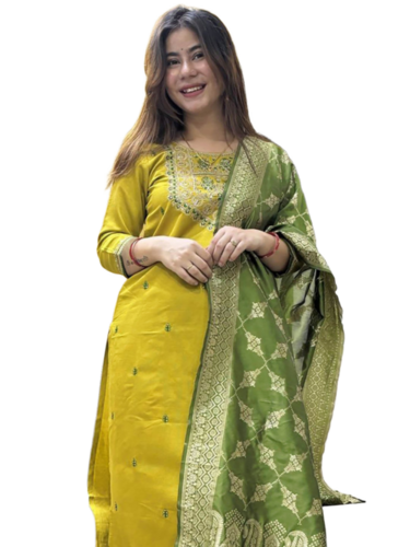 Women Embroidered Silk Kurta Pant Dupatta Set - Color: Mustard