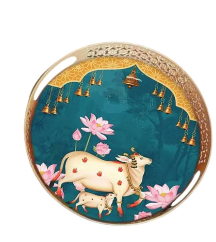 Cow Pichwai Tray - Metal, Customized Size, Multicolor | D Handle, Fine Finished, Durable