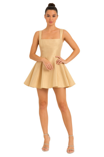 Solid Women Silk Beige Mini Dress - Color: Gold