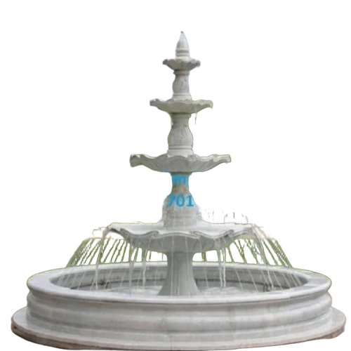White Makrana Marble Fountain With Pond - Stone, White, Outdoor Fountains, Hand-Carved Floral Motifs, Cascade Waterfall Design