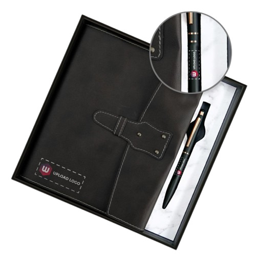 Personalized Employee Welcome Kit 2-In-1 Diary & Pen (Black & Grey) - Cover Material: Leather