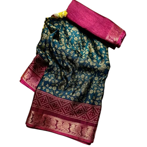 Soft Black Dola Silk Sarees With Pen Kalamkari Design - Color: Multicolour