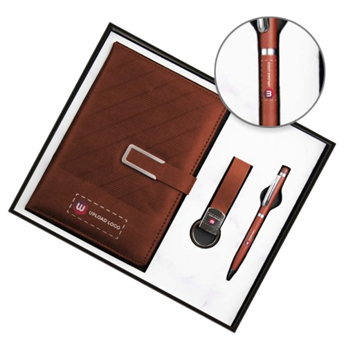 Combo Office Diary, Pen & Keychain Set For Employees (wooden Sienna) - Binding: Perfect Binding