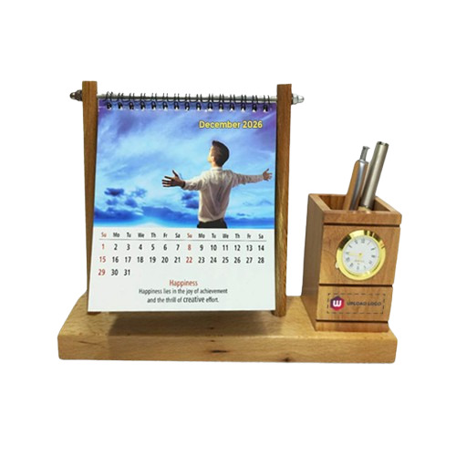 Table Calendar With Pen Holder & Watch Set - Color: Wooden