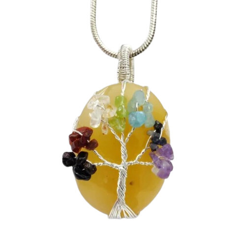 Yellow Jade 7 Chakra Tree of Life Wire Wrapped Pendant