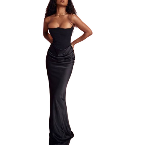 Women Satin Black Strapless Corset Gown - Color: Red