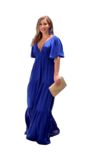 Women Cotton Royal Blue Maxi Dress With V Neck  - Design: V-Neck