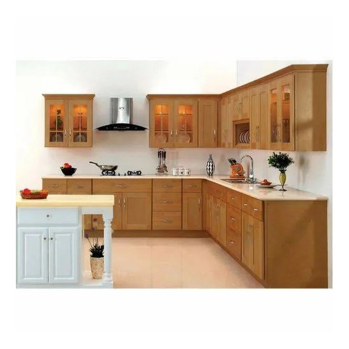 Wooden Modular Kitchen - Wood, Polished Brown L Shape, Modern Design | Easy To Install, Eco-Friendly