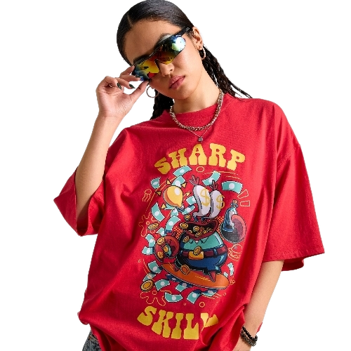 Oversize T Shirt - Cotton Blend, Regular Fit, Red, Half Sleeves | Elegant Design, Quick Dry, Comfortable Fit