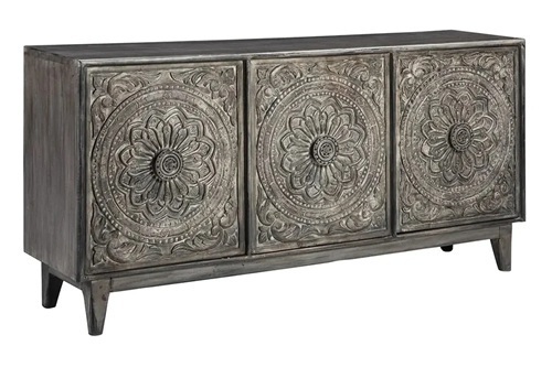 Wooden Carved Three Door Sideboard - Solid Wood, 175x40x90 cm, Grey | Polished Finish