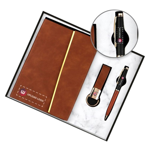 Customized 3-In-1 Combo Diary, Pen & Keychain For Employees (Brown & Gold) - Binding: Perfect Binding