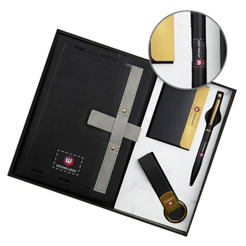 Custom 4-In-1 Office Essentials Leather Diary Executive Gift Set (Gold & Black) - Usage: Personal Use