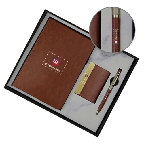 Customized Employees 3-In-1 Combo Diary, Pen & Card Holder Gift Set (Mid Night Tan) - Binding: Perfect Binding