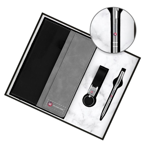 Customized Employees 3-In-1 Combo Diary, Pen & Keychain Gift (Black & Grey) - Binding: Perfect Binding