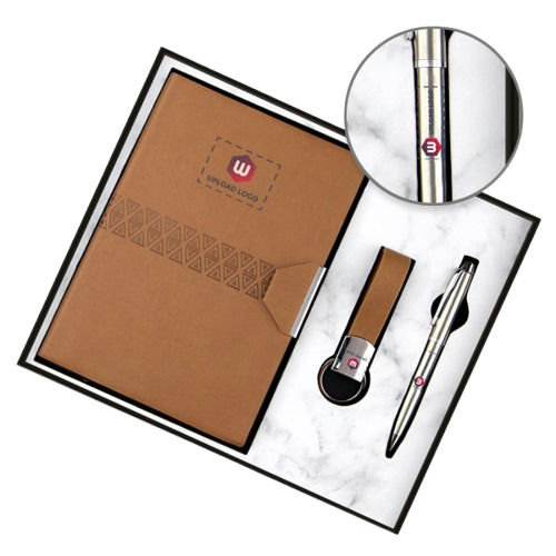Customized Employees 3-In-1 Diary, Pen & Keychain Gift (Tan) - Binding: Perfect Binding