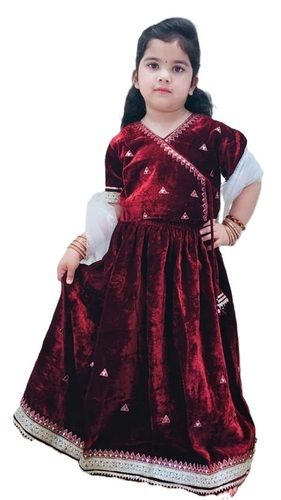 Girl Maroon Velvet Lehenga Choli