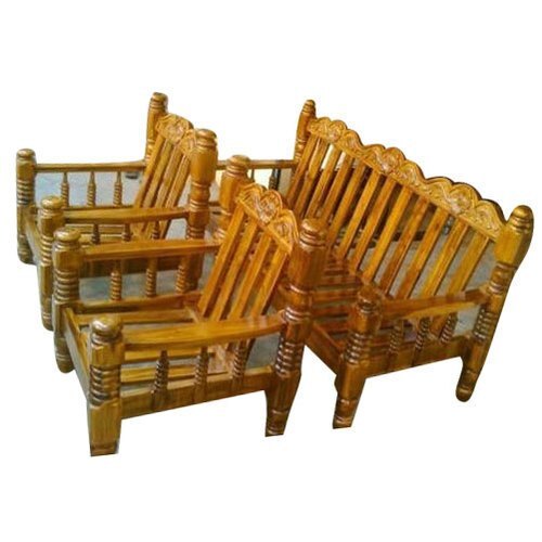 Designer Wooden Sofa Set - Teak Wood, Standard, Golden Brown | Durable, Polished Finish, Eco-Friendly, Termite Free