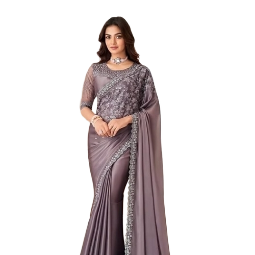 Designer Saree - Silk, Purple, Washable, Embroidered Resam | Intricate Zardosi Work, Lightweight Graceful Drape