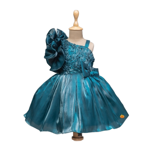 Indo Western Kids Frock - Silk Velvet, XS-M, Teal, One Shoulder, Sleeveless, Ribbon Embellished | Embroidery Fusion, Flared Skirt, Adjustable Fit, Eco-Friendly Materials