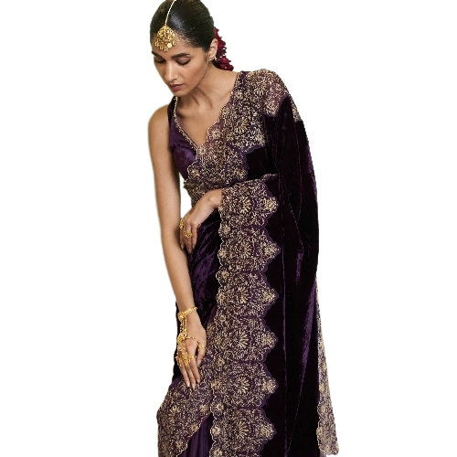 Velvet Saree - Velvet, Deep Purple, Washable | Embroidered Zari, Sequins, Beads, Patchwork, Jewel Tones, Layered Drapes