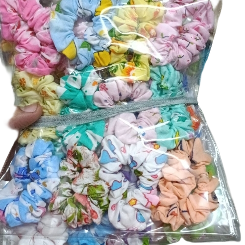 Fancy Hair Rubber - Satin Fabric, Multicolor, 12 Pieces | Printed Flower Pattern, Remy Indian Hair