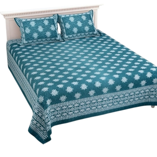 Blue Colour Living Room Bed Sheet - 100% Cotton, Multicolor, Lightweight, Breathable | Washable, Printed, Two-Piece Set, Pillowcase Included