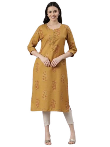 Mustard Printed Straight Kurti - Cotton Various Sizes Half Sleeves Regular Fit | Breathable Anti Wrinkle Quick Dry Comfortable Fit