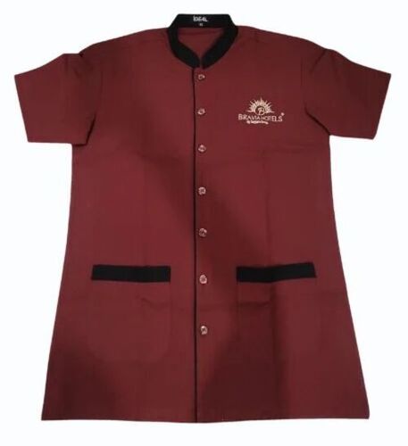 Plain Hotel Waiter Uniform - Poly Cotton, Red, Regular Fit | Standard Collar, 2 Pockets, Half Sleeves, Lightweight
