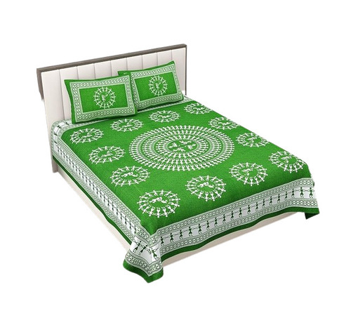 Double Bed Sheets - 100% Cotton, Double Size, Green & White | Breathable, Colourfast, Lightweight, Printed Pattern
