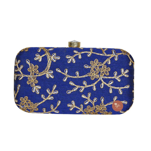 Ladies Clutch Bags - Cotton Fabric, Blue and White, Embroidered | Button Closure