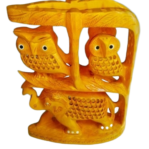 Wooden Owl With Elephant - Wood, Various Sizes, Glossy Finish, Lightweight, Polished Art & Collectible