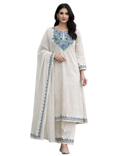 Cashmilon Pheran Suit Set - Color: White With Multicolor Embroidered