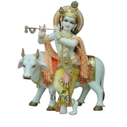 Marble Lord Krishna With Cow