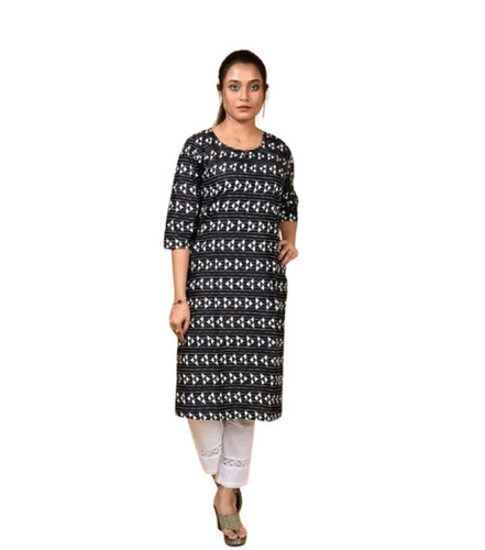 Casual Ladies Kurtis - Cotton, XS to XXXL, Black & White, Circular Neck, Machine Washed | Breathable, Printed, Quick Dry, 3-4th Sleeve, Trendy
