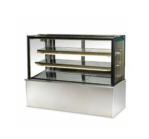 Ss Display Counter - Stainless Steel Glass, 2 Shelves, Silver & Transparent, Energy Efficient Light, Floor Installation