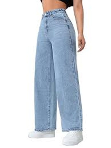 Ladies Baggy Jeans - Denim Full Length Blue, Button Closure | Breathable, Skin Friendly, Washable, Relaxed Wide Leg