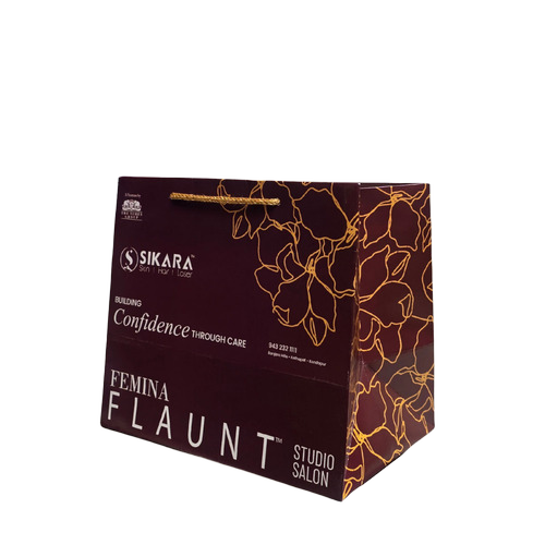 Premium Salon and Clinic Paper Bag - Eco-Friendly Rich Maroon with Gold-Line Artwork, Flexiloop Handle Shopping Bag