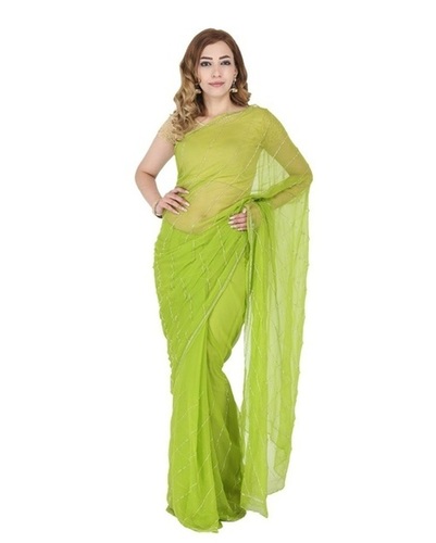 Chiffon Sarees - Chiffon, 5.50m Saree & 0.80m Blouse, Green, Breathable Quick Dry | Skin-Friendly, Machine Washable, Plain Pattern