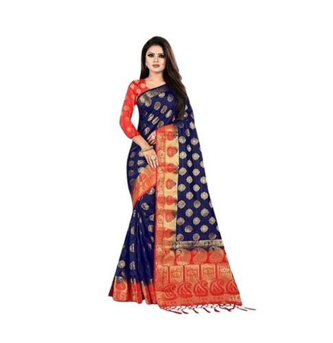 Zari Work Saree - Banarasi Silk, 5.50m, Red & Blue | Breathable, Skin-Friendly, Quick Dry