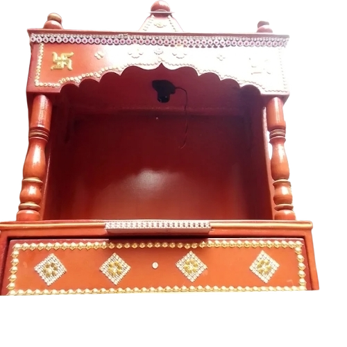 Red Wooden Temple - Solid Wood, Square Shape, Multi Color | Handcrafted Detailing, Eco-Friendly, Easy to Clean