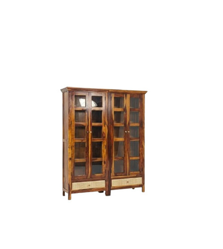 Handcrafted Solid Wood Glass Door Display Cabinet With Cane Drawer